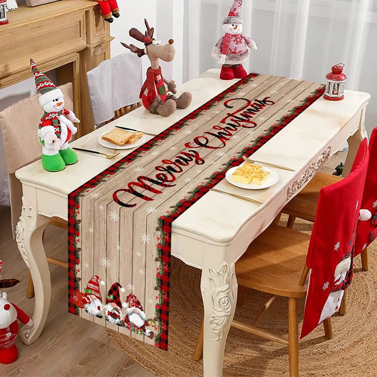 chemin table noël motifs lutins flocons carreaux bois marron blanc rouge vert festive rustic