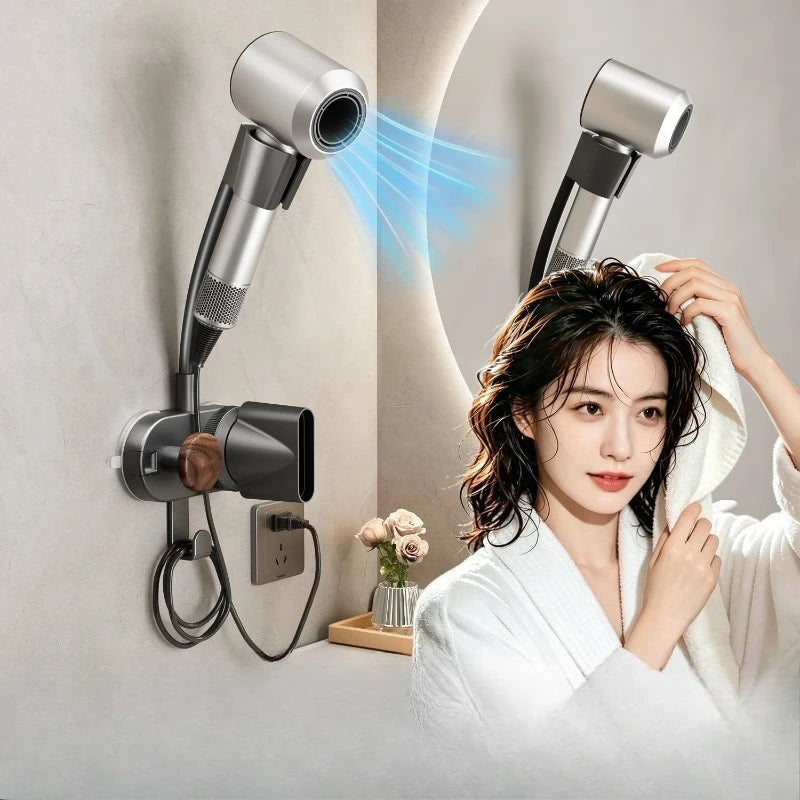 sèche cheveux mural adhésif support moderne prise électrique câble embouts variés minimaliste salon