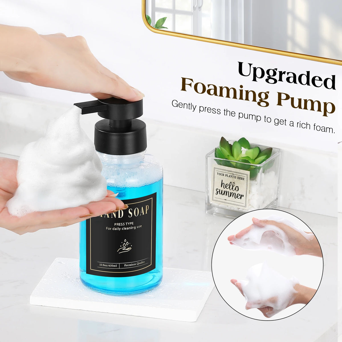 distributeur savon liquide noir bleu clair moderne minimaliste transparent pompe pression étiquette noire texte