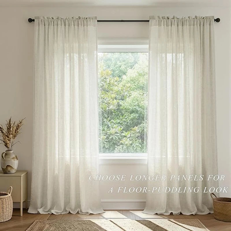 Voilage beige en tulle imitation coton et lin pour chambre ou salon, rideaux pour salle à manger