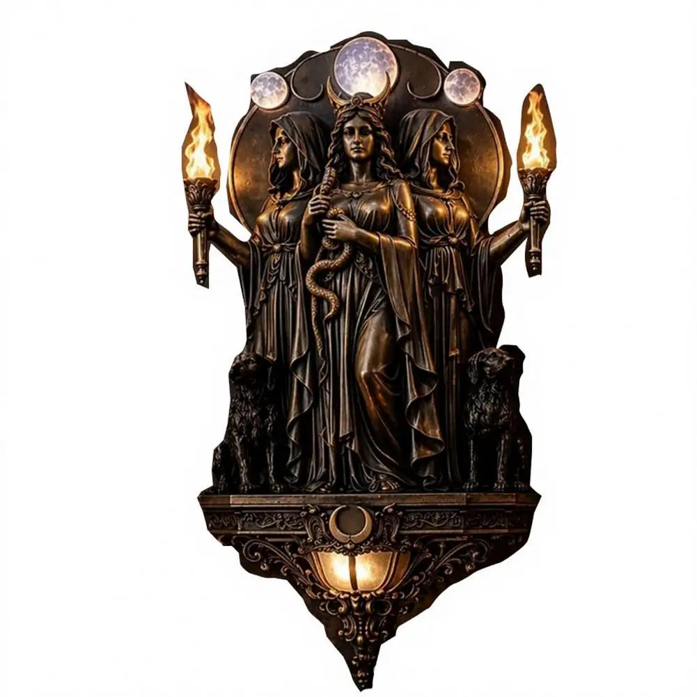 statue murale hécate bronze doré art déco gothique triple déesse torches chiens lune base