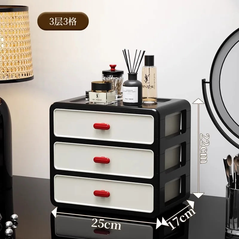 boîte maquillage moderne boîtes rangement noires blanches rouges poignées motifs géométriques