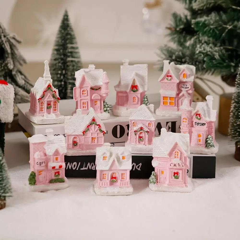 ornement noël miniature maison lumineuse rose brique neige toit fenêtres porte guirlandetoyshop