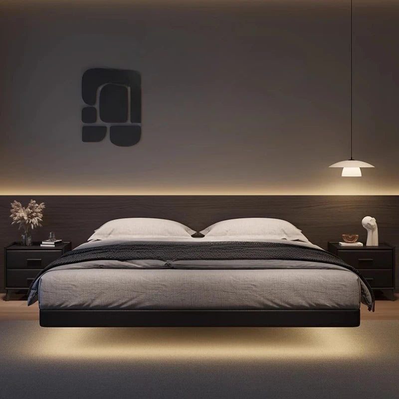 lit double moderne minimaliste tables chevet bois marron gris couverture noire
