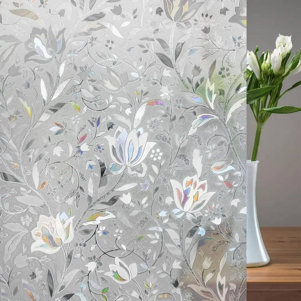 films décoratifs statiques fenêtres motifs fleurs stylisées moderne gris clair vert bleu blanc opaques