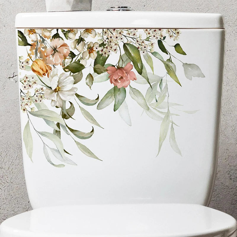 autocollant mural décoration toilettes motif feuilles fleurs floral opaques blanc