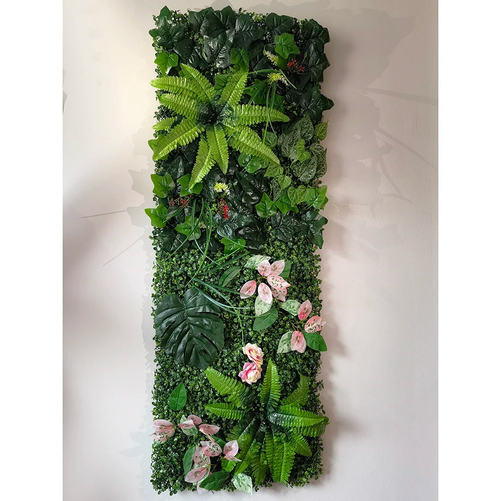 panneau mural végétal artificiel extérieur accrochable herbe feuilles fleurs blanches roses vert marron blanc