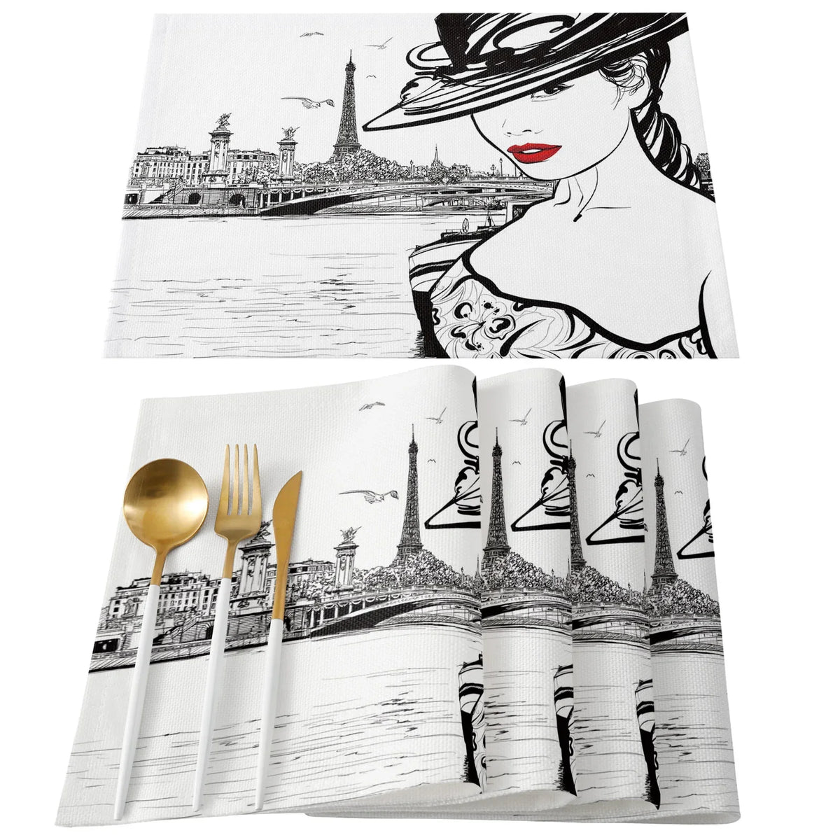 serviettes table imprimées tour eiffel fleurs cerisier moderne rose gris beige