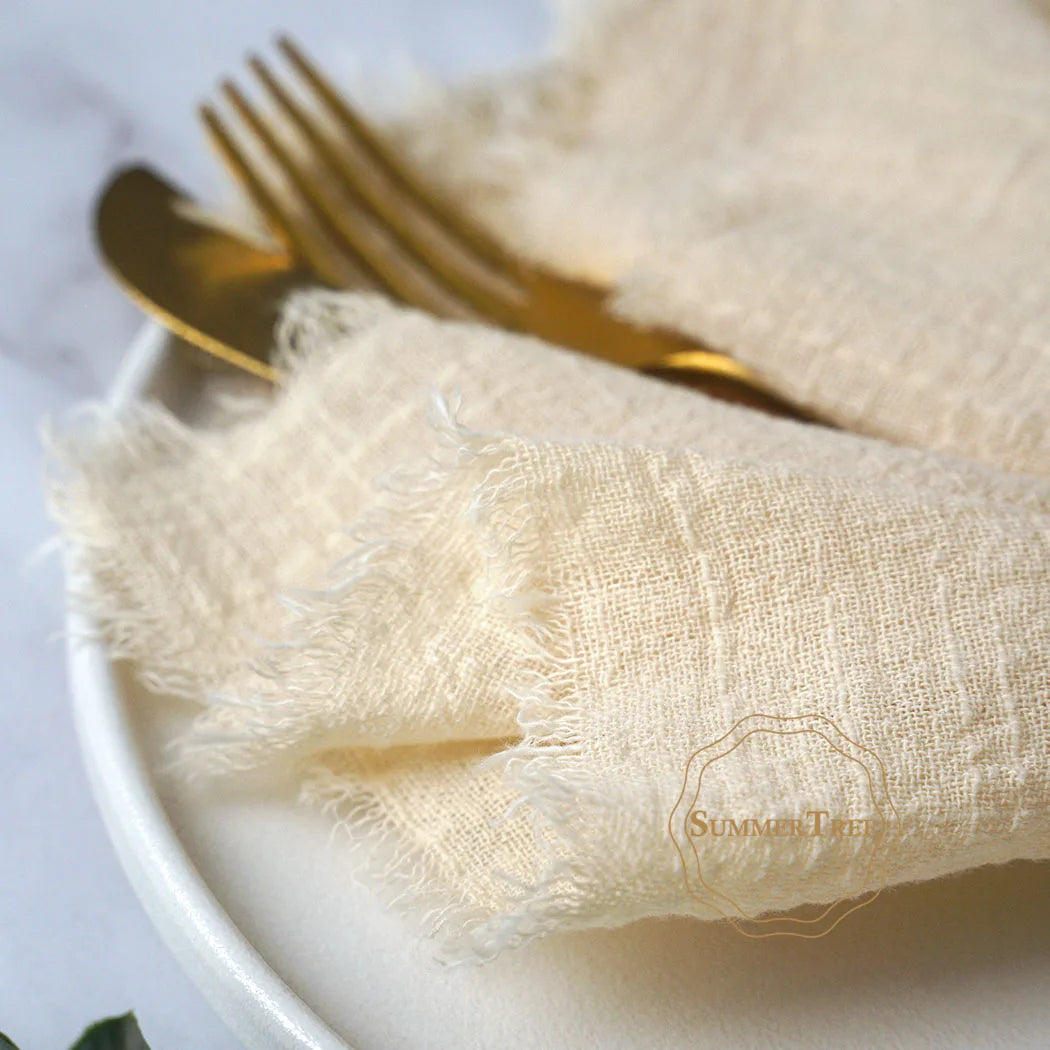 serviettes table coton beige bleu marine franges rustique réutilisables pack 20 cm32cm