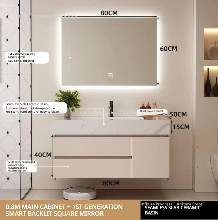 meuble salle bain blanc marbre moderne étagères miroir lumineux accessoires fixations murales