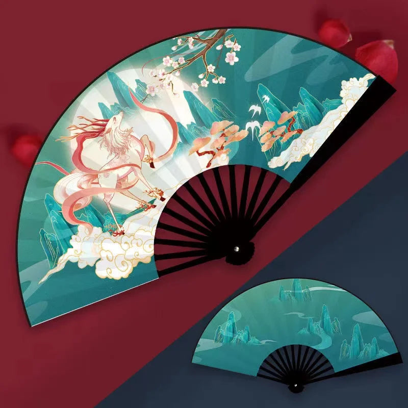 éventail traditionnel artisanal peinture artistique motifs floraux ruban décoratif couleurs vives