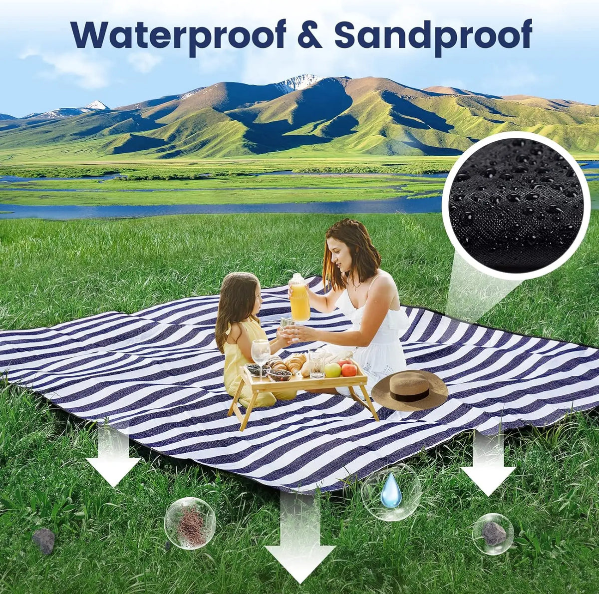 couverture pique nique bleu marine rayures horizontales ceintures marron imperméable pliable extérieure camping plage
