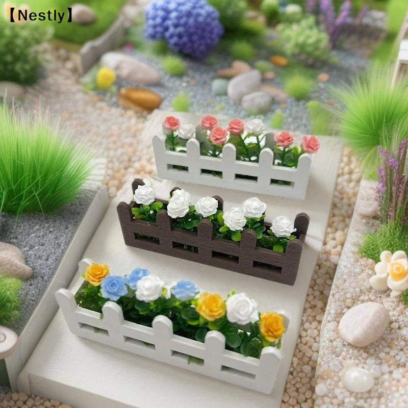miniature clôture fleurs roses artificielles feuilles vertes décoration jardin blanc marron miniature