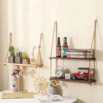 étagère suspendue bois naturel rustique boho chic corde nouée salle bain chambre
