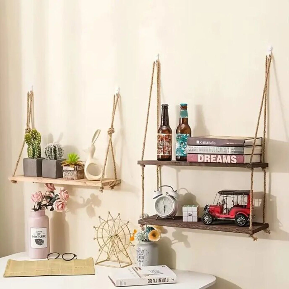 étagère suspendue bois naturel rustique boho chic corde nouée salle bain chambre