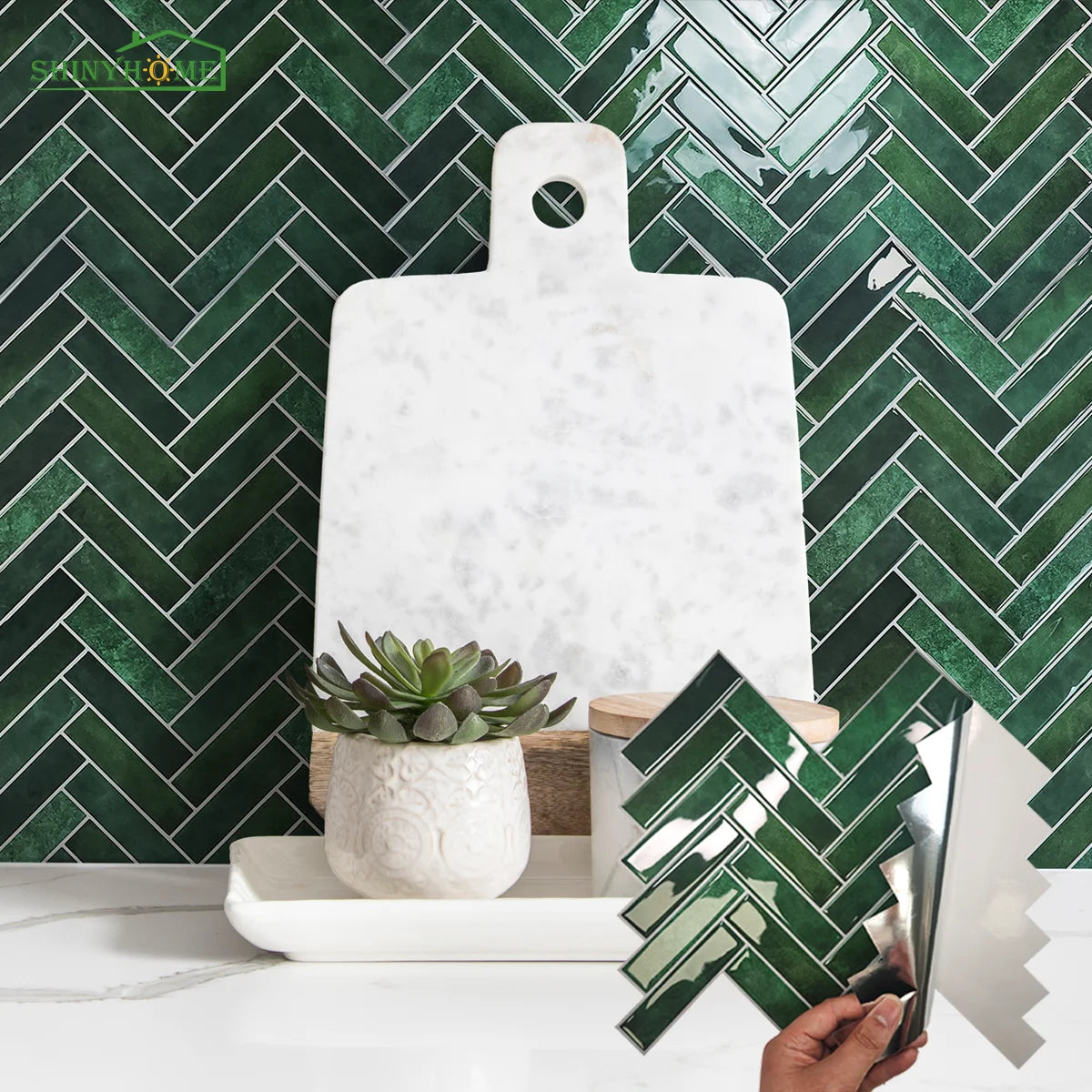 Carrelage mural salle de bain autocollant vert chevrons