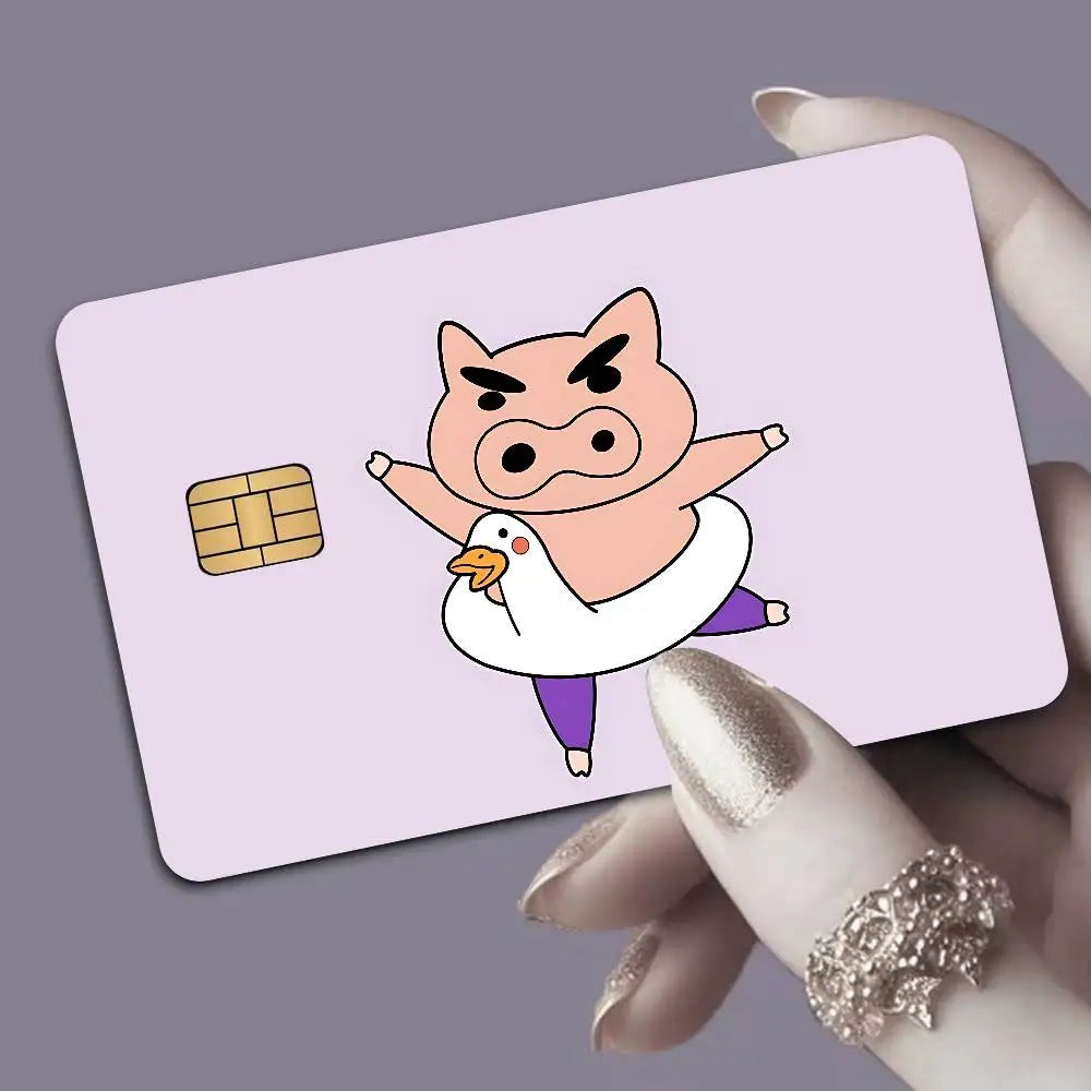 autocollants protection cartes bancaires dessins animés personnages porc oiseau violet vert blanc illustration