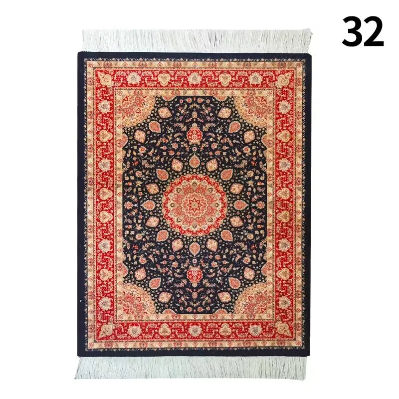 tapis ornements floraux géométriques franges blanches non glissant rouge vert beige