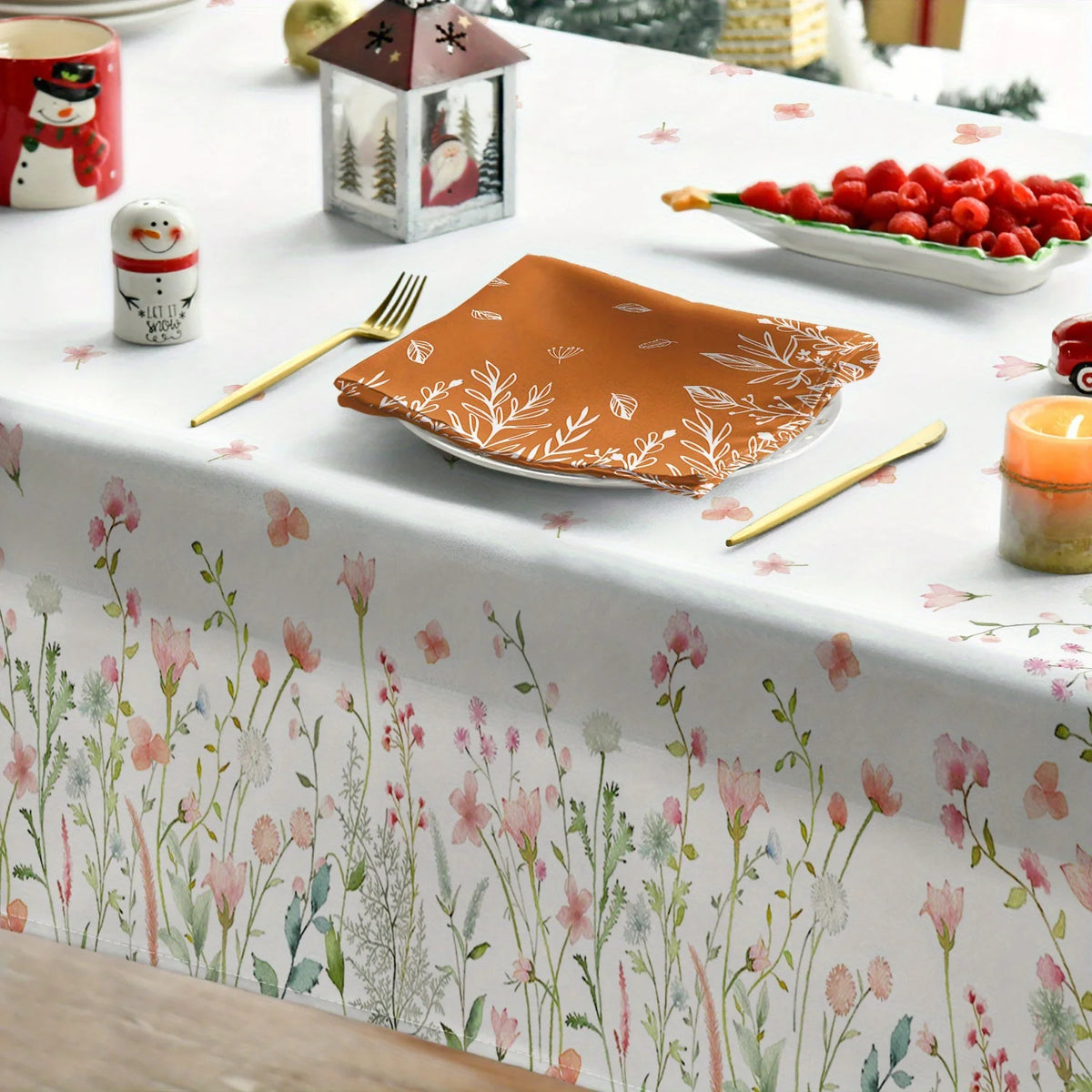 nappe rectangulaire moderne fleurs printemps polypropylene reutilisable blanc rose verte grise table