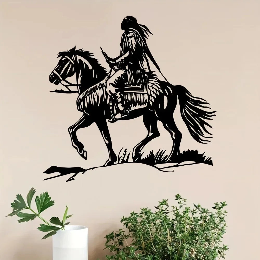 sticker mural homme cheval western amérindien noir blanc décoration intérieure 29cm 30cm adhésif facile