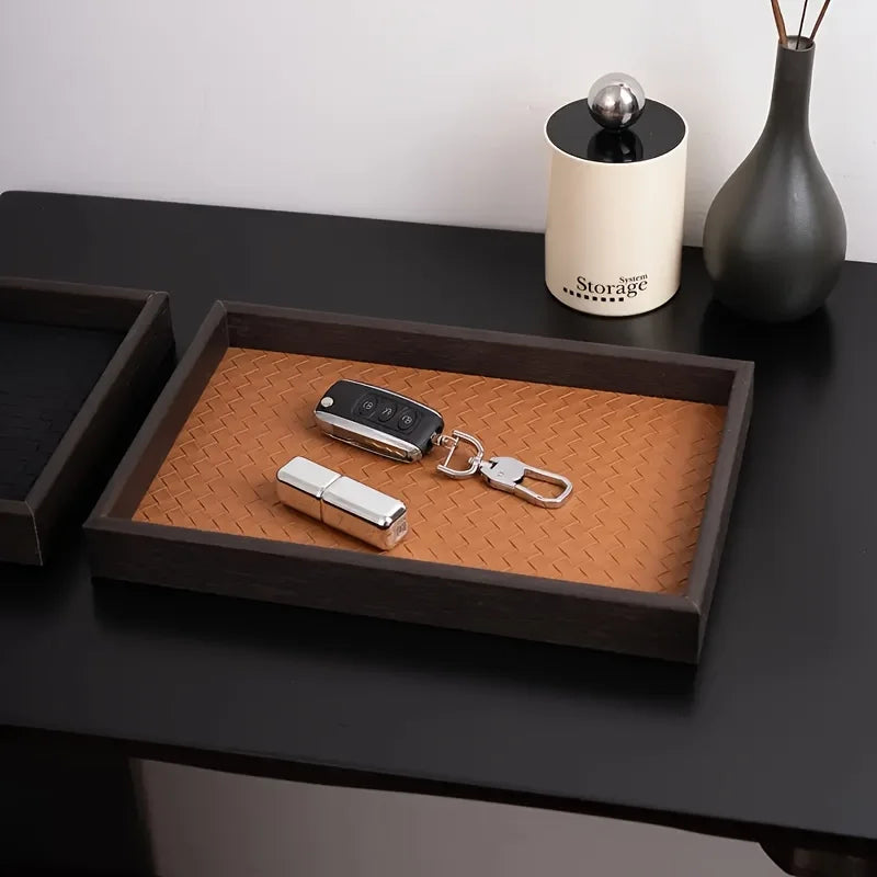 plateau rangement bijoux moderne texture losange chevron bois PU noir rouge bronze minimaliste