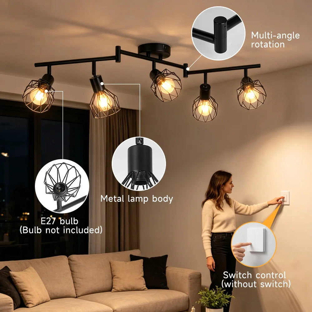 lampe suspendue moderne cage métallique noire interrupteur poussoir led e27 haute basse