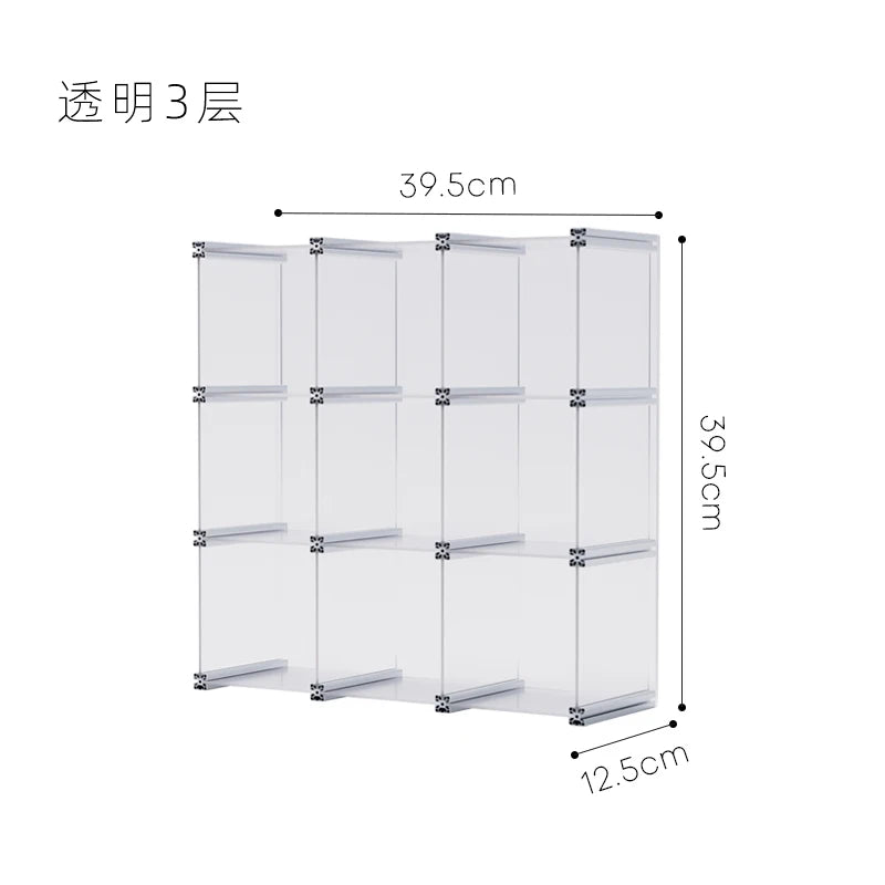organisateur rangement modulaire transparent bleu clips métalliques compartiments tasses bouteilles bol assiette gâteau tablette