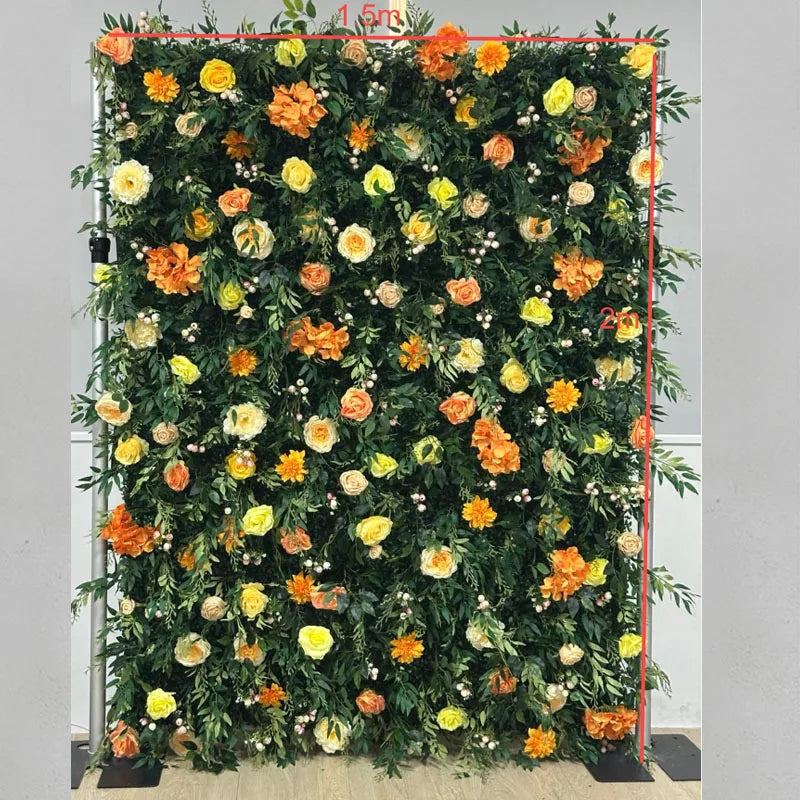 panneau floral décoration événementiel intérieur vert orange roses feuilles texturées fixations charnières événements decoration