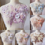 appliques textile brodées fleurs relief rose blanc violet bleu doré noir