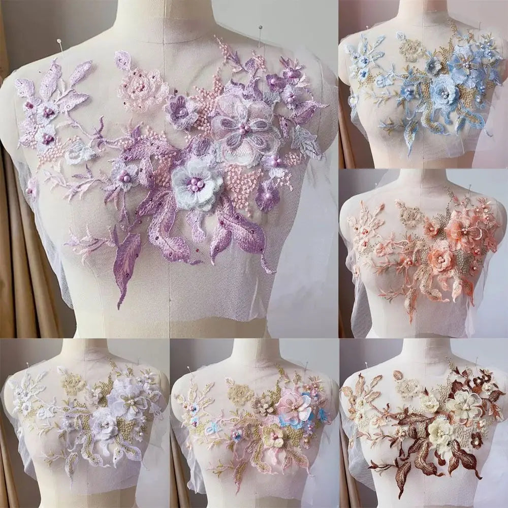 appliques textile brodées fleurs relief rose blanc violet bleu doré noir