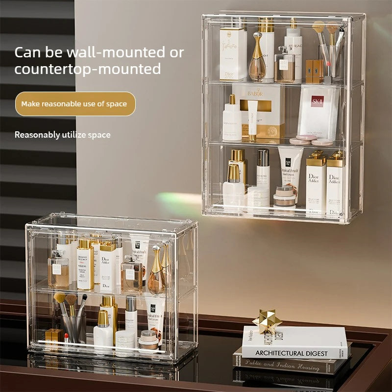 boîte rangement cosmétique transparente moderne anti poussière fixée mur comptoir organisateur maquillage chambre coucher