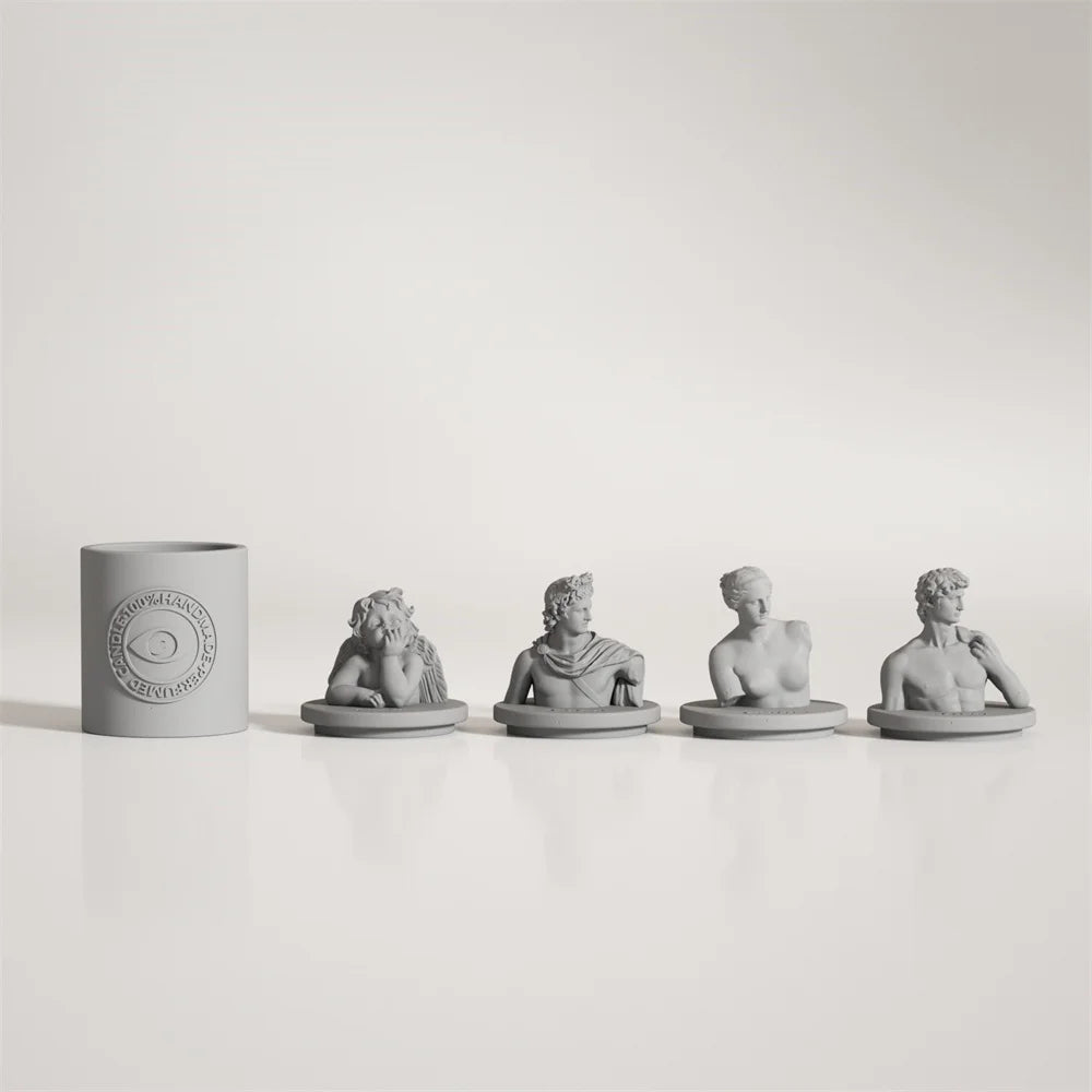 bougies décoratives statuettes classiques personnages modernes gris rose vert bleu