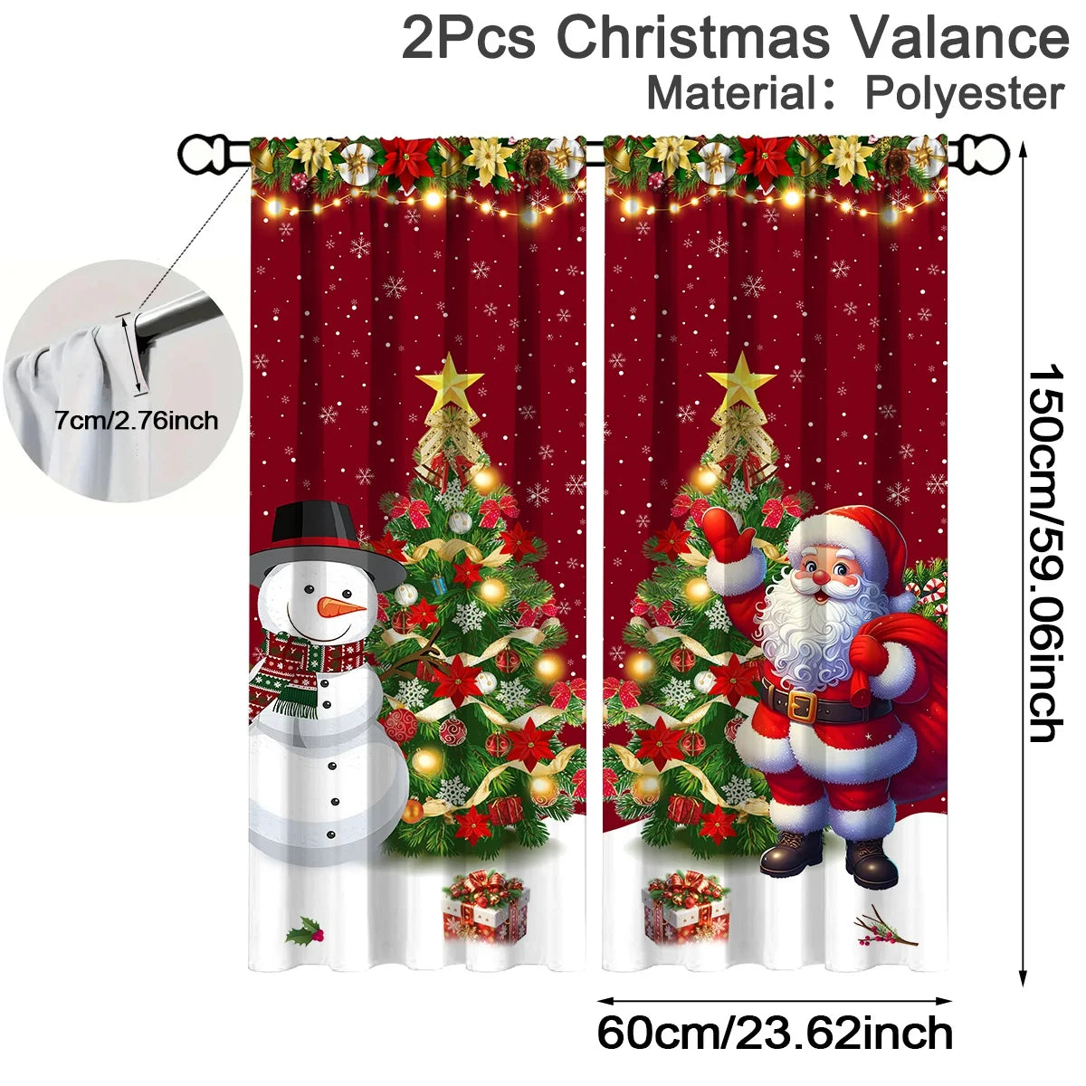 rideau noël rouge blanc santa clause arbre neige flocons guirlandes lumineuses anneaux métalliques polyester