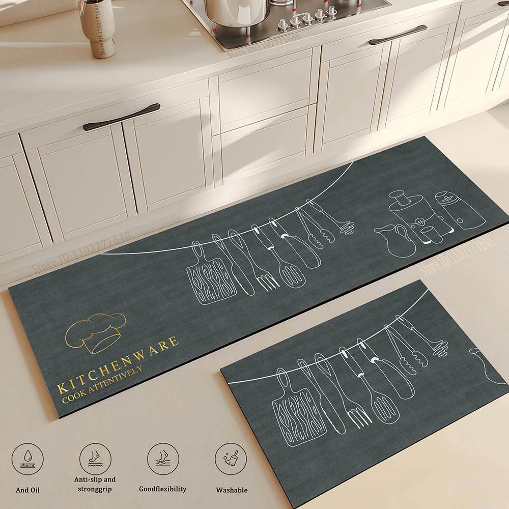 tapis cuisine gris foncé illustrations ustensiles géométrique moderne antidérapant PVC 40x60cm 50x80cm