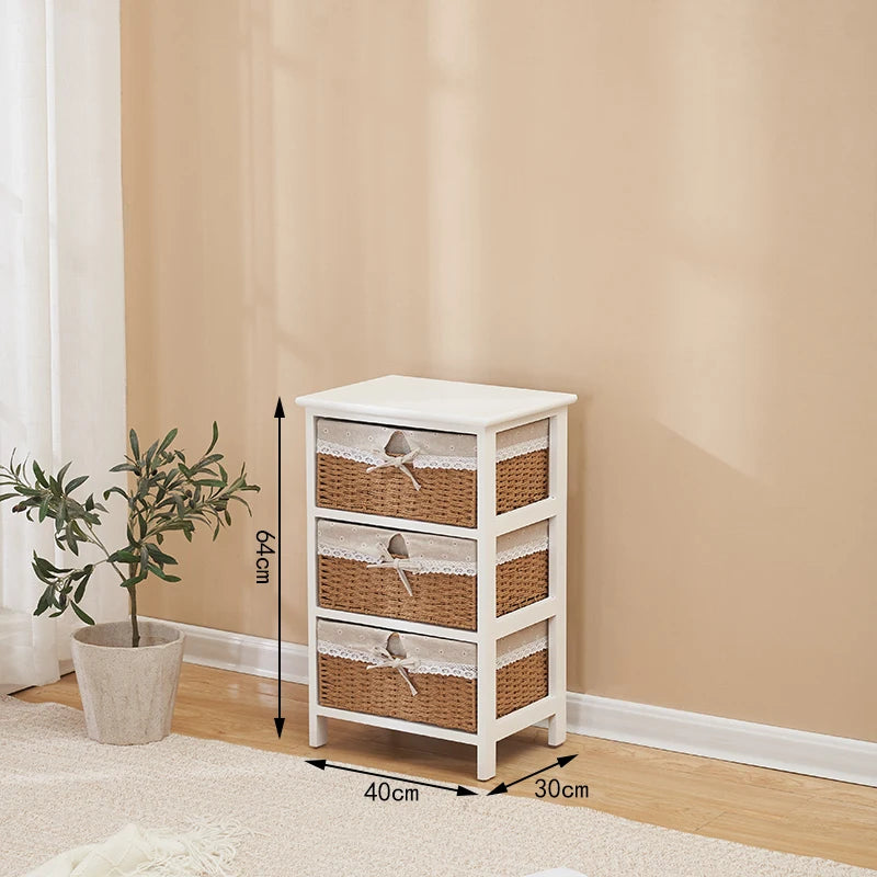 meuble tiroirs blanc rustique paniers osier tissu beige vintage chambre coucher minimaliste moderne