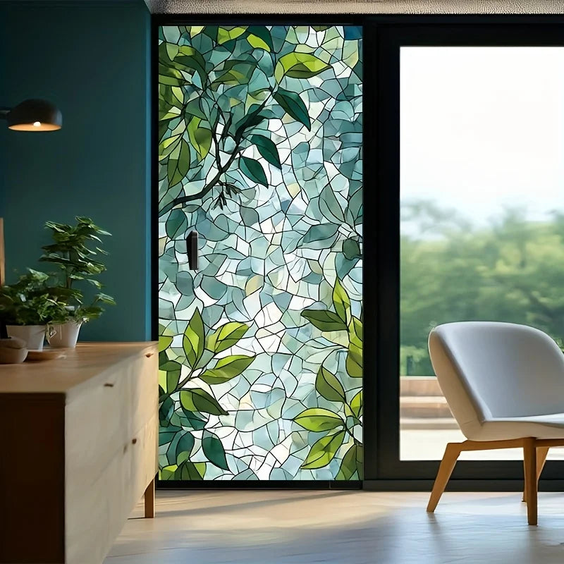 film décoratif adhésif feuilles vertes motif mosaïque semi transparent nature vitrail 100cm 45cm
