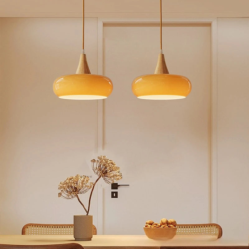 suspension lumineuse moderne orange bois naturel opacité chaînes métalliques salon restaurant étude chambre exposition