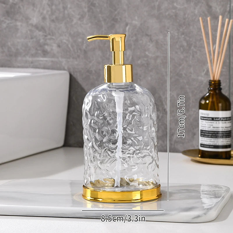 distributeur savon liquide transparent texturé moderne élégant noir bleu rose jaune pompe base dorée
