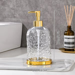 distributeur savon liquide transparent texturé moderne élégant noir bleu rose jaune pompe base dorée