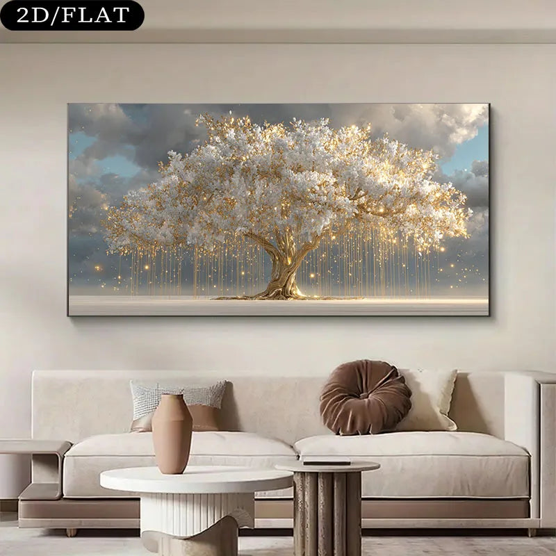 tableau moderne toile abstraite arbre doré branches nuages salon chambre