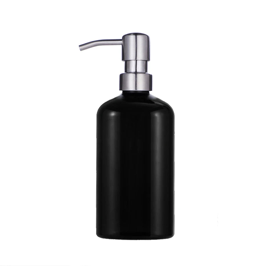 bouteilles shampooing après shampoing gel douche rechargeables transparentes marron noir blanches modernes pompes pression