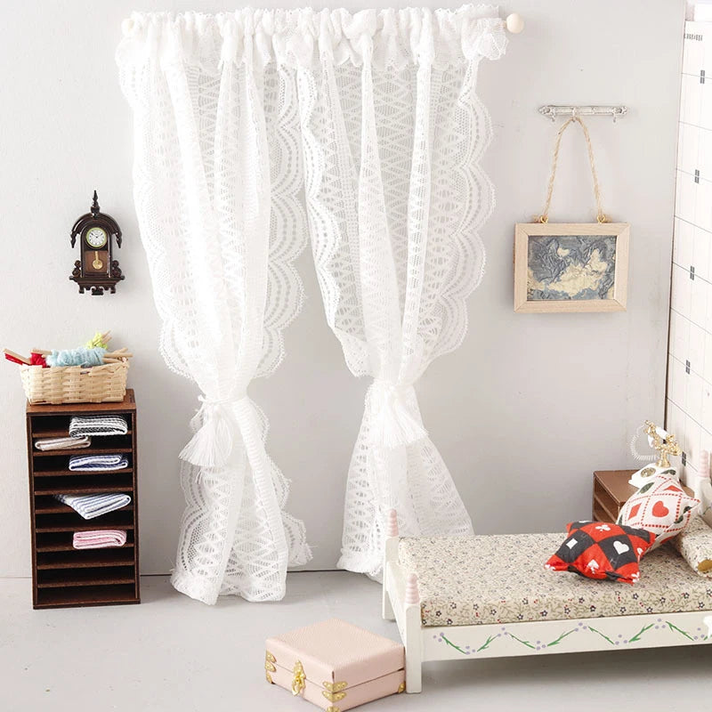 rideau dentelle miniature rideaux blanc ivoire franges rubans romantique vintage shabby chic tringle bois