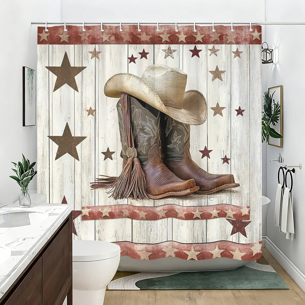 rideau douche rustique western motifs cowboys étoiles tournesols bois ancien opacité anneaux métalliques