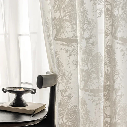 rideau beige clair semi transparent motif paysage arbres oiseaux classique fenêtre salon chambre