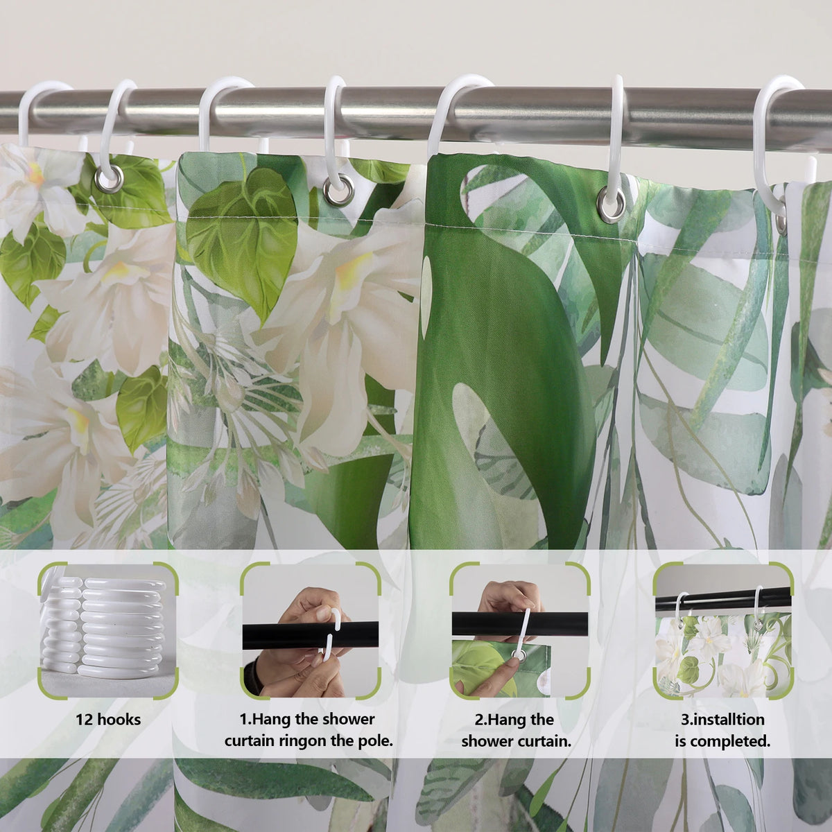 rideau douche personnalisé motifs tropicaux feuilles fleurs papillons couleurs vives polyester moderne tropical blanc
