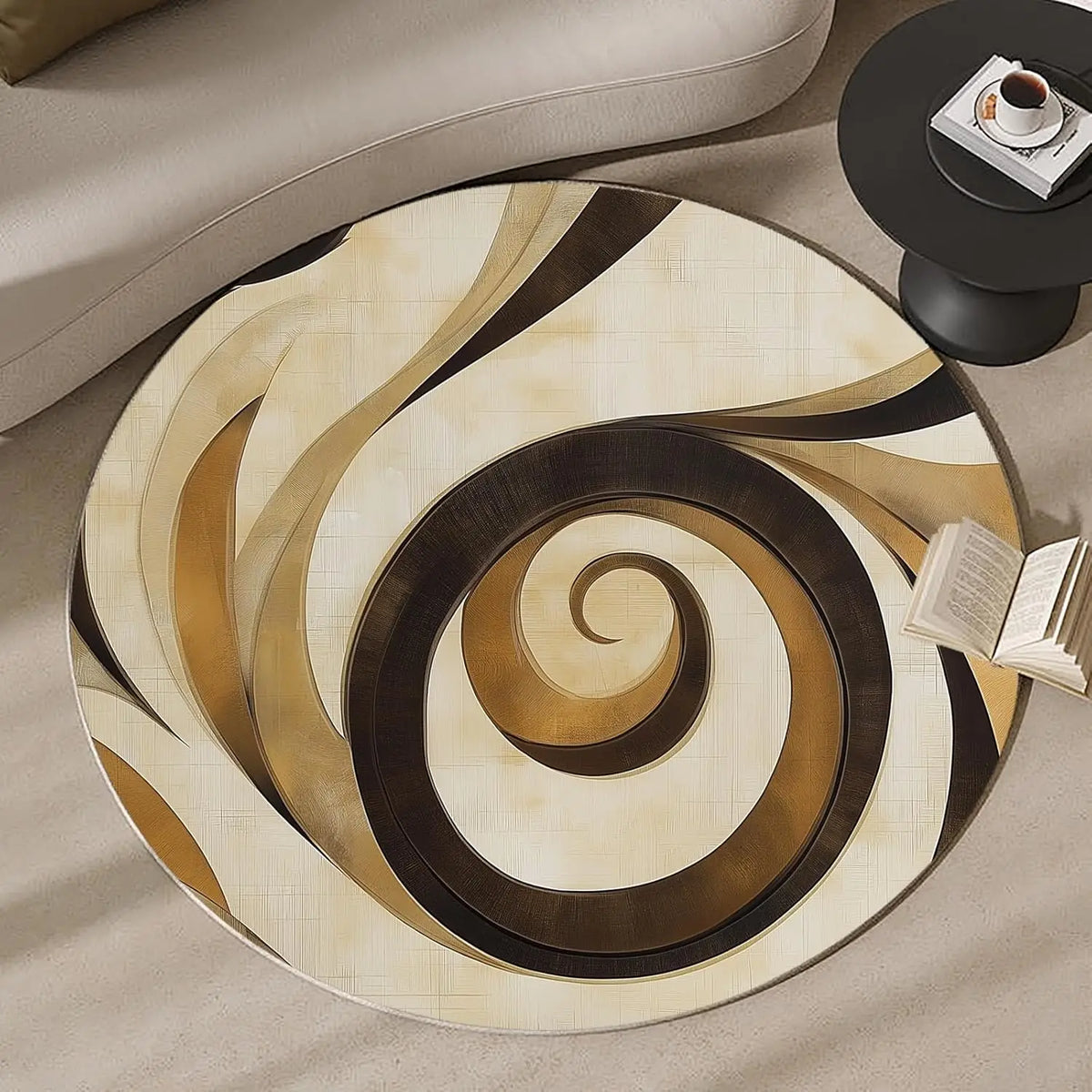 tapis rond moderne spirales concentriques marron beige geometrique anti drapant 80cm 120cm chambre salon