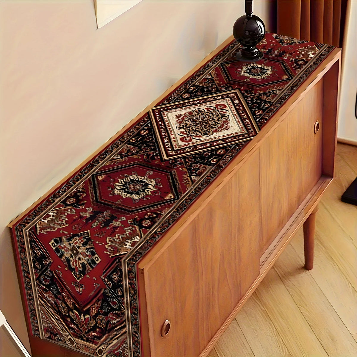 nappe décorative géométrique traditionnelle rouge noir or polyester tapis table moderne oriental vintage