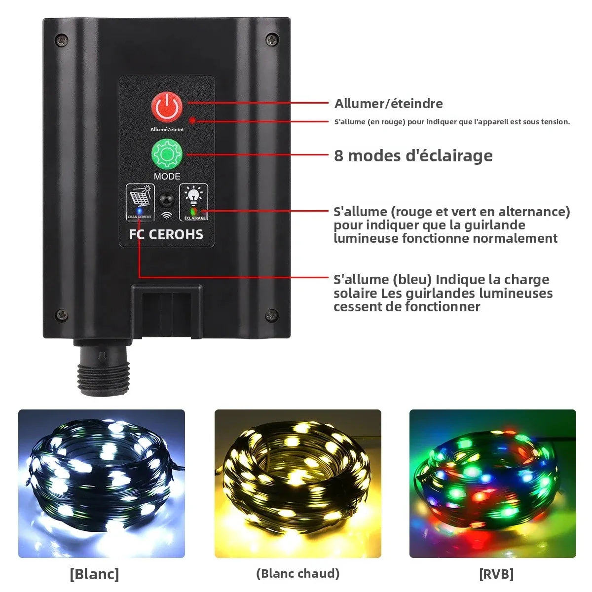 guirlande lumineuse led solaire modes multicolore moderne télécommande étanche ip65