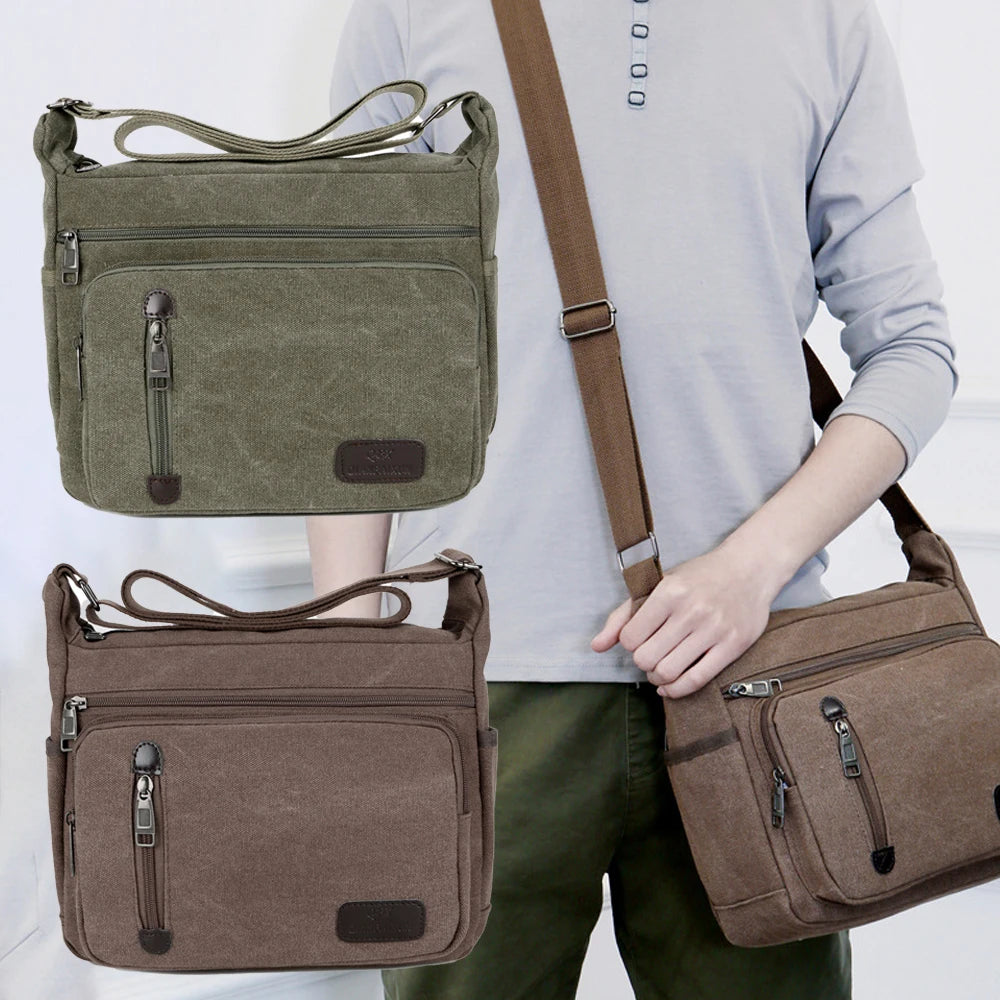 sac bandoulière homme toile vert olive marron beige gris poches zippées sangles réglables urbain