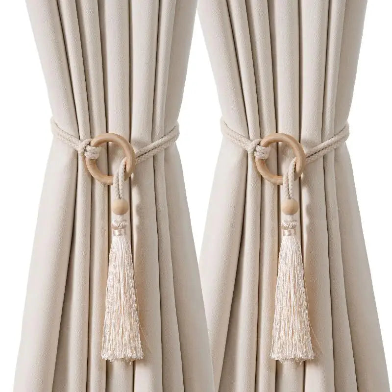 rideau moderne rustique coton anneaux bois pompon frange beigeclair